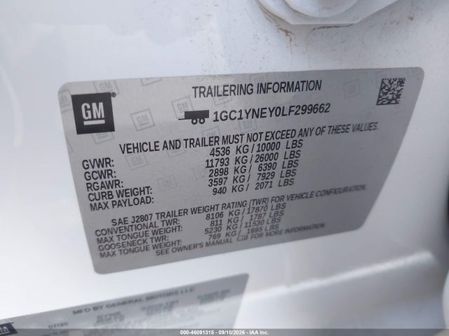 46091315 :رقم المزاد ، 1GC1YNEY0LF299662 vin ، 2020 Chevrolet Silverado 2500hd 4wd  Standard Bed Lt مزاد بيع
