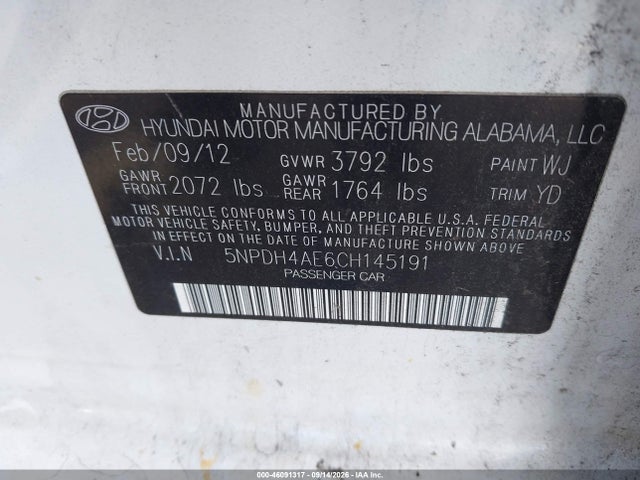 Aukcja sprzedaży 2012 Hyundai Elantra Gls, vin: 5NPDH4AE6CH145191, numer aukcji: 46091317