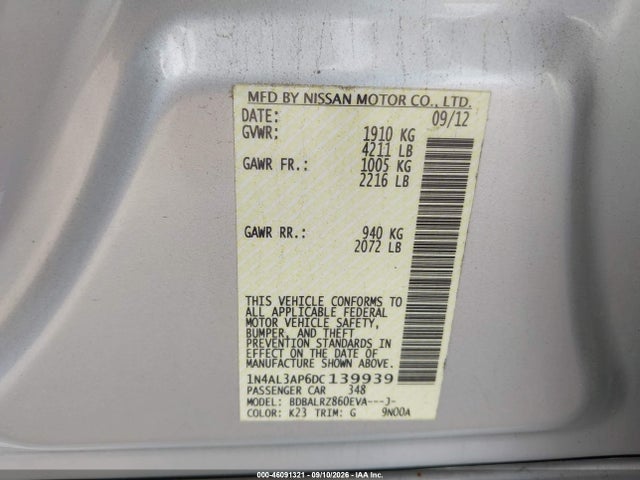 46091321 :رقم المزاد ، 1N4AL3AP6DC139939 vin ، 2013 Nissan Altima 2.5 S مزاد بيع