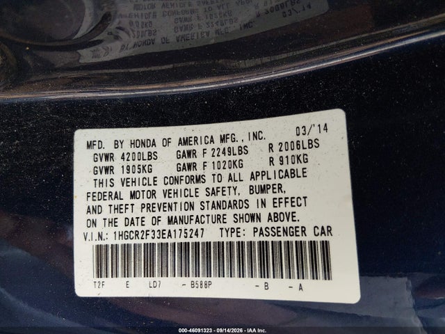 2014 Honda Accord Lx მანქანა იყიდება აუქციონზე, vin: 1HGCR2F33EA175247, აუქციონის ნომერი: 46091323