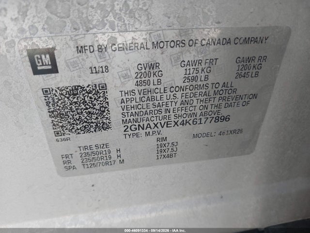 46091334 :رقم المزاد ، 2GNAXVEX4K6177896 vin ، 2019 Chevrolet Equinox Lt مزاد بيع