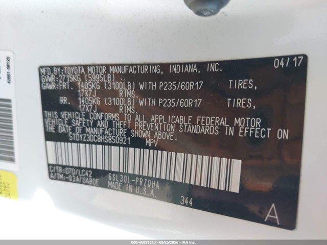 Aukcja sprzedaży 2017 Toyota Sienna Xle Premium 8 Passenger, vin: 5TDYZ3DC8HS850921, numer aukcji: 46091343