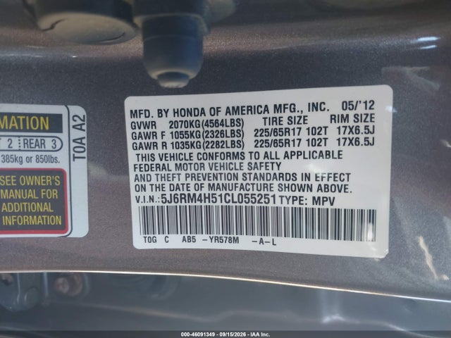 Aukcja sprzedaży 2012 Honda Cr-v Ex, vin: 5J6RM4H51CL055251, numer aukcji: 46091349