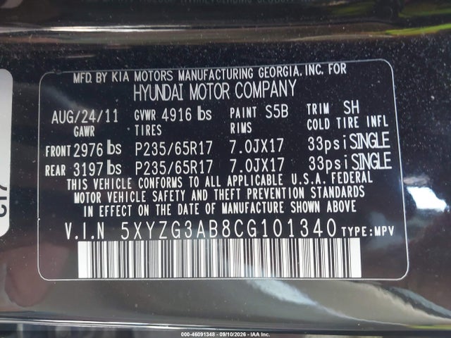46091348 :رقم المزاد ، 5XYZG3AB8CG101340 vin ، 2012 Hyundai Santa Fe Gls مزاد بيع