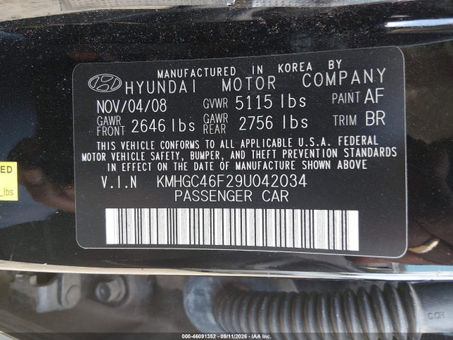 46091352 :رقم المزاد ، KMHGC46F29U042034 vin ، 2009 Hyundai Genesis 4.6 مزاد بيع