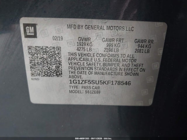 Продажа на аукционе авто 2019 Chevrolet Malibu Hybrid, vin: 1G1ZF5SU5KF178546, номер лота: 46091353