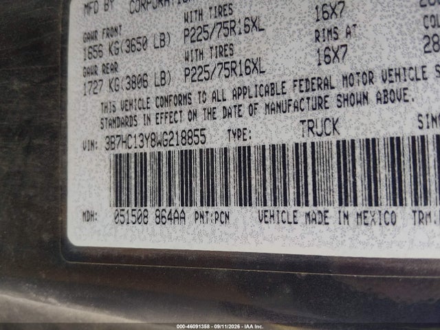 46091358 :رقم المزاد ، 3B7HC13Y8WG218855 vin ، 1998 Dodge Ram 1500 St مزاد بيع