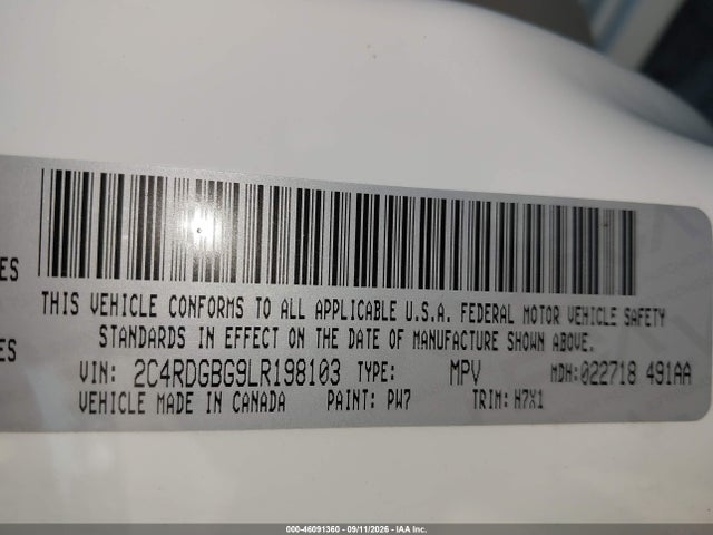 Aukcja sprzedaży 2020 Dodge Grand Caravan Se, vin: 2C4RDGBG9LR198103, numer aukcji: 46091360