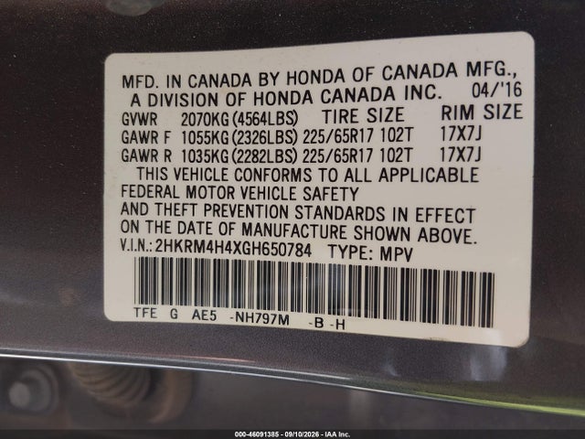 Aukcja sprzedaży 2016 Honda Cr-v Se, vin: 2HKRM4H4XGH650784, numer aukcji: 46091385