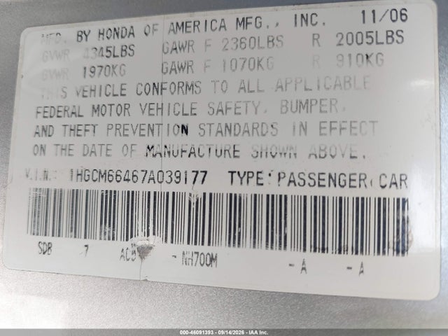 46091393 :رقم المزاد ، 1HGCM66467A039177 vin ، 2007 Honda Accord 3.0 Se مزاد بيع