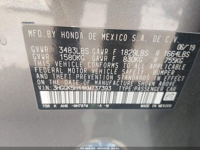 46091400 :رقم المزاد ، 3HGGK5H44KM737393 vin ، 2019 Honda Fit Lx مزاد بيع