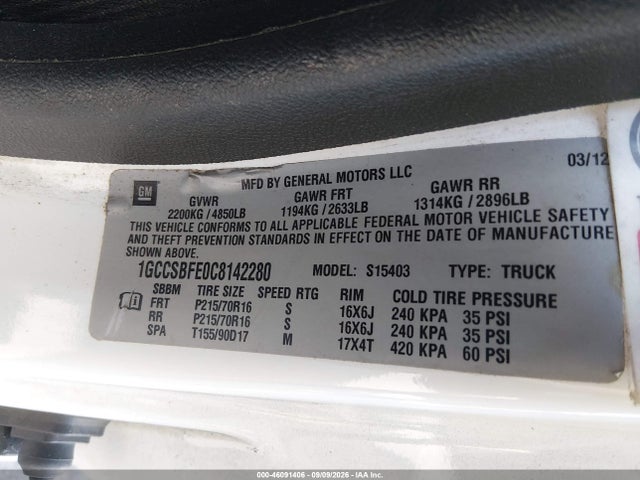 2012 Chevrolet Colorado Work Truck მანქანა იყიდება აუქციონზე, vin: 1GCCSBFE0C8142280, აუქციონის ნომერი: 46091406