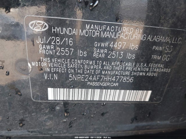 2017 Hyundai Sonata Se მანქანა იყიდება აუქციონზე, vin: 5NPE24AF7HH477856, აუქციონის ნომერი: 46091409