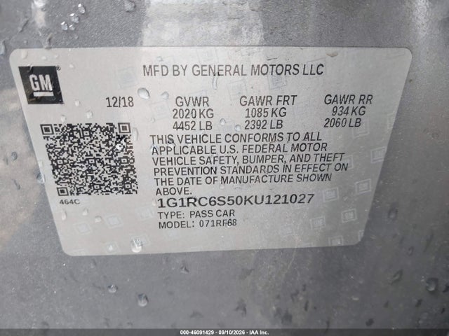 2019 Chevrolet Volt Lt მანქანა იყიდება აუქციონზე, vin: 1G1RC6S50KU121027, აუქციონის ნომერი: 46091429