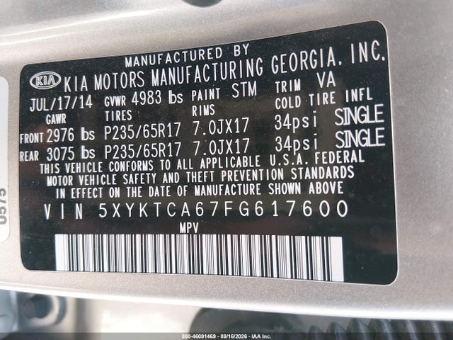 Продаж на аукціоні авто 2015 Kia Sorento Lx, vin: 5XYKTCA67FG617600, номер лоту: 46091469