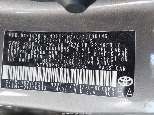 46091516 :رقم المزاد ، 5YFBURHE3HP582484 vin ، 2017 Toyota Corolla Le مزاد بيع