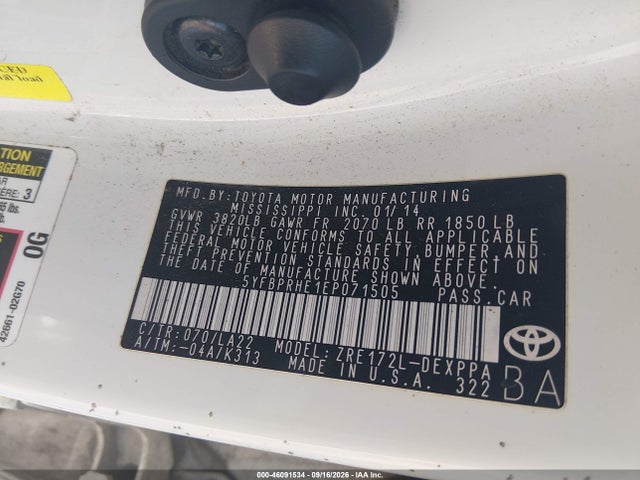 Продажа на аукционе авто 2014 Toyota Corolla Le Eco Premium, vin: 5YFBPRHE1EP071505, номер лота: 46091534