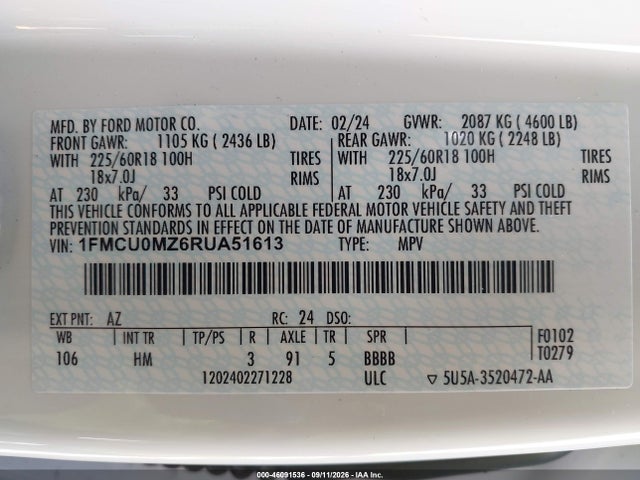 Продаж на аукціоні авто 2024 Ford Escape St-line, vin: 1FMCU0MZ6RUA51613, номер лоту: 46091536