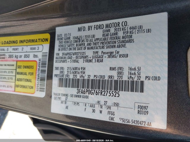 46091549 :رقم المزاد ، 3FA6P0G76FR275525 vin ، 2015 Ford Fusion S مزاد بيع