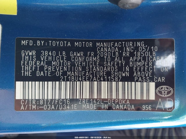 Продаж на аукціоні авто 2010 Toyota Corolla Le, vin: 2T1BU4EE7AC411587, номер лоту: 46091561