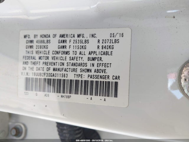 2016 Acura Tlx V6 მანქანა იყიდება აუქციონზე, vin: 19UUB2F30GA011563, აუქციონის ნომერი: 46091580