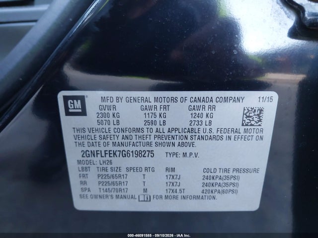 Продаж на аукціоні авто 2016 Chevrolet Equinox Lt, vin: 2GNFLFEK7G6198275, номер лоту: 46091585