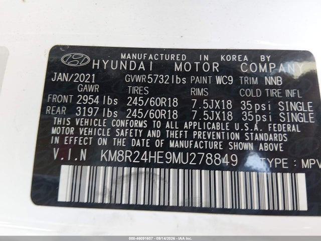2021 Hyundai Palisade Sel მანქანა იყიდება აუქციონზე, vin: KM8R24HE9MU278849, აუქციონის ნომერი: 46091607