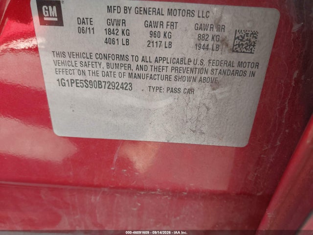 46091609 :رقم المزاد ، 1G1PE5S90B7292423 vin ، 2011 Chevrolet Cruze Lt مزاد بيع