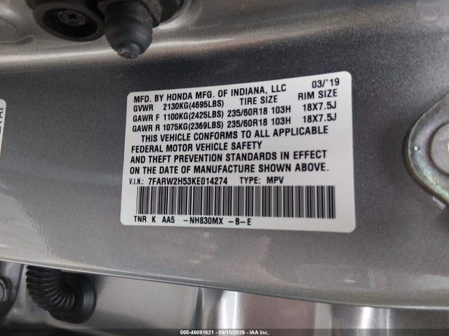 46091621 :رقم المزاد ، 7FARW2H53KE014274 vin ، 2019 Honda Cr-v Ex مزاد بيع