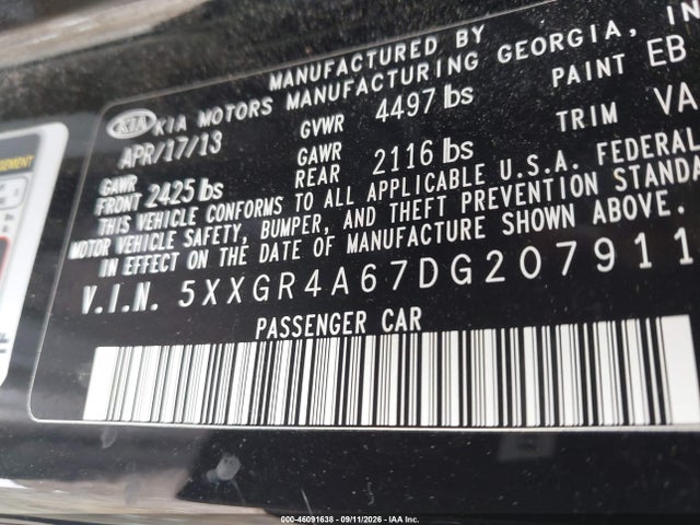 2013 Kia Optima Sx მანქანა იყიდება აუქციონზე, vin: 5XXGR4A67DG207911, აუქციონის ნომერი: 46091638