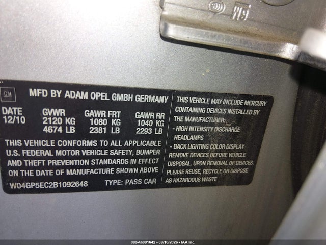 Aukcja sprzedaży 2011 Buick Regal Cxl Russelsheim, vin: W04GP5EC2B1092648, numer aukcji: 46091642