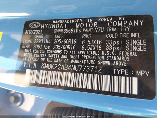 Aukcja sprzedaży 2022 Hyundai Kona Se, vin: KM8K22AB4NU773712, numer aukcji: 46091648