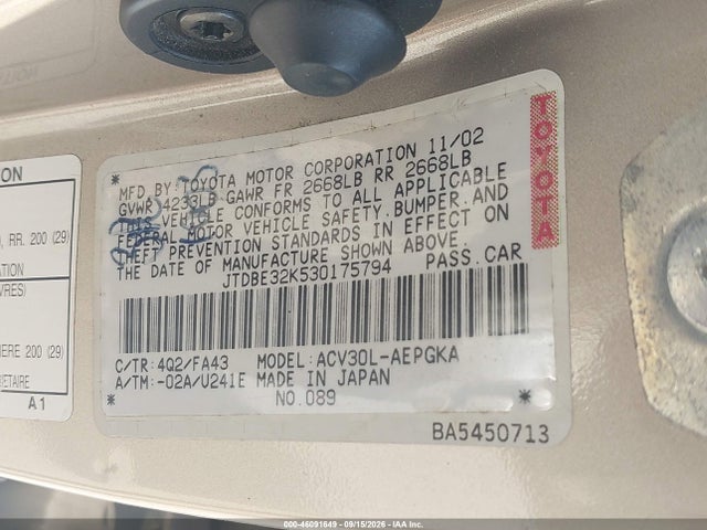 Продаж на аукціоні авто 2003 Toyota Camry Xle, vin: JTDBE32K530175794, номер лоту: 46091649