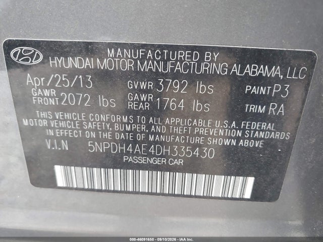 Aukcja sprzedaży 2013 Hyundai Elantra Gls, vin: 5NPDH4AE4DH335430, numer aukcji: 46091650