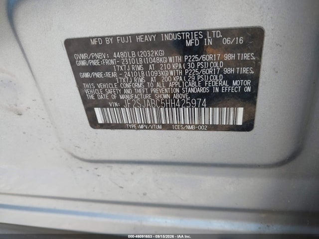 46091653 :رقم المزاد ، JF2SJABC5HH425974 vin ، 2017 Subaru Forester 2.5i مزاد بيع