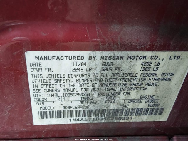 2005 Nissan Altima 2.5 S მანქანა იყიდება აუქციონზე, vin: 1N4AL11D35C290331, აუქციონის ნომერი: 46091670