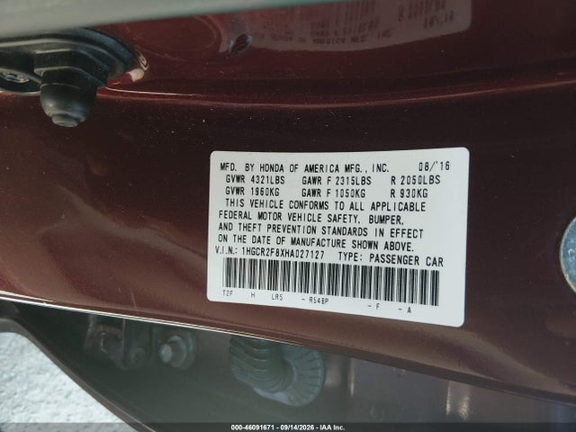 Продаж на аукціоні авто 2017 Honda Accord Ex-l, vin: 1HGCR2F8XHA027127, номер лоту: 46091671