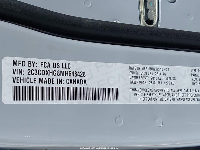 Продаж на аукціоні авто 2021 Dodge Charger Gt Rwd, vin: 2C3CDXHG8MH648428, номер лоту: 46091673