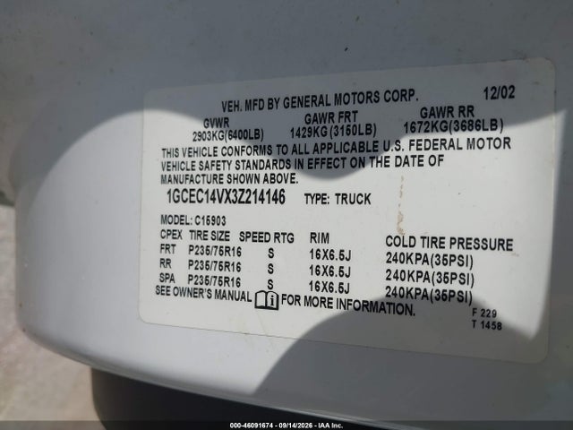 Продажа на аукционе авто 2003 Chevrolet Silverado 1500 Work Truck, vin: 1GCEC14VX3Z214146, номер лота: 46091674