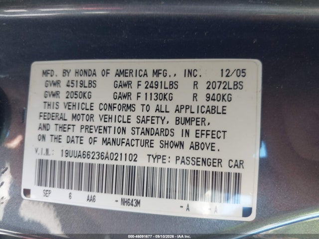 Aukcja sprzedaży 2006 Acura Tl, vin: 19UUA66236A021102, numer aukcji: 46091677