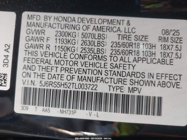 46091680 :رقم المزاد ، 5J6RS5H52TL003722 vin ، 2026 Honda Cr-v Hybrid 2wd Sport مزاد بيع