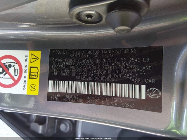 Aukcja sprzedaży 2016 Lexus Es 350, vin: 58ABK1GG2GU028806, numer aukcji: 46091681