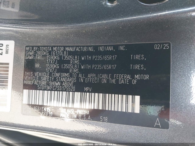 5TDYSKFC7SS175520 Toyota SIENNA XLE