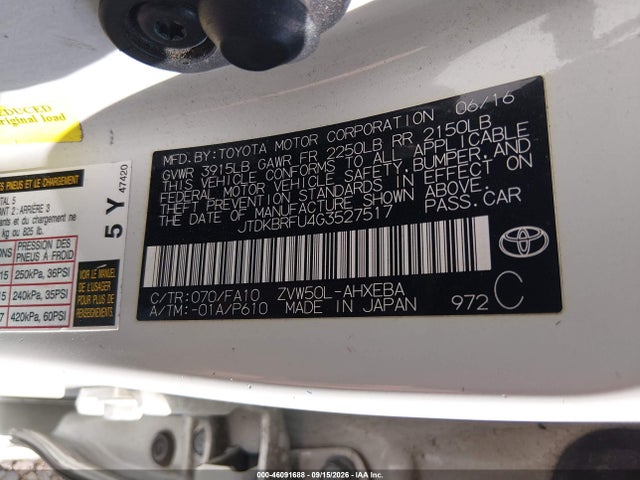 Aukcja sprzedaży 2016 Toyota Prius Two, vin: JTDKBRFU4G3527517, numer aukcji: 46091688