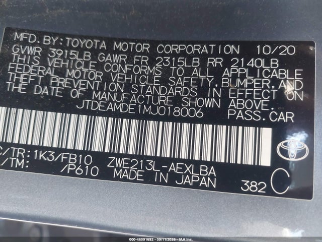 Toyota Corolla Hybrid Le 2021 JTDEAMDE1MJ018006 Image 9