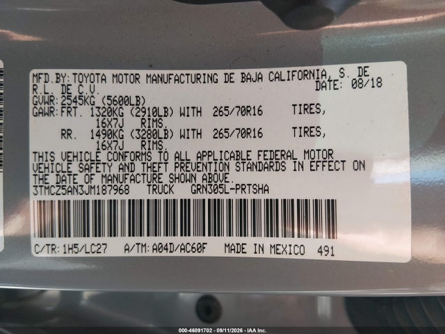 2018 Toyota Tacoma Trd Off Road მანქანა იყიდება აუქციონზე, vin: 3TMCZ5AN3JM187968, აუქციონის ნომერი: 46091702