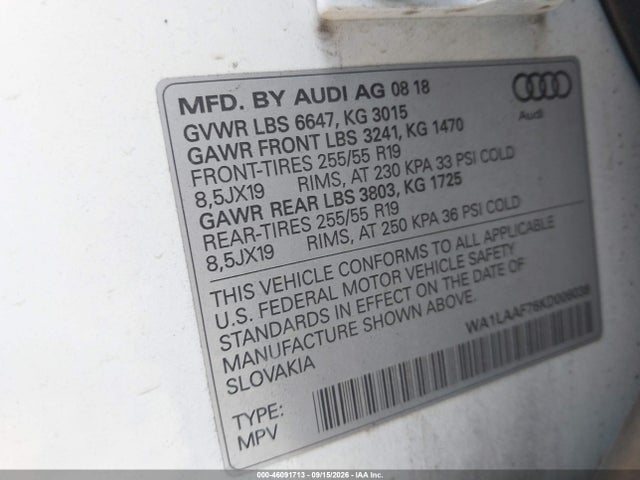 2019 Audi Q7 55 Premium/55 Se Premium მანქანა იყიდება აუქციონზე, vin: WA1LAAF76KD006038, აუქციონის ნომერი: 46091713