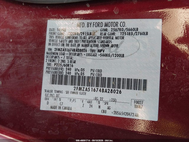 2004 Ford Freestar Se მანქანა იყიდება აუქციონზე, vin: 2FMZA51674BA28026, აუქციონის ნომერი: 46091714