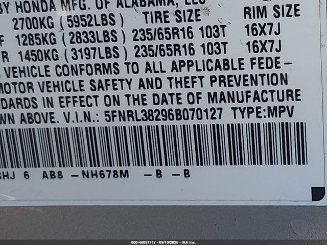 Продажа на аукционе авто 2006 Honda Odyssey Lx, vin: 5FNRL38296B070127, номер лота: 46091717