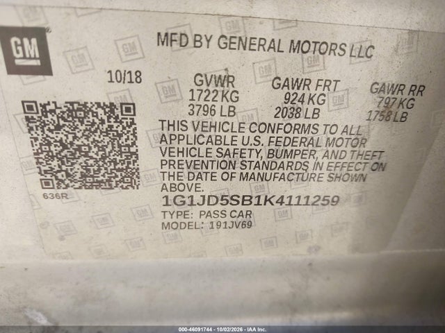 46091744 :رقم المزاد ، 1G1JD5SB1K4111259 vin ، 2019 Chevrolet Sonic Lt Auto مزاد بيع